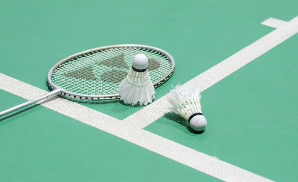 Badmintonová raketa a dva míčky leží na zeleném kurtu