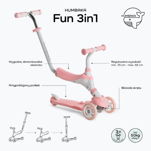 Dětská koloběžka HUMBAKA Fun 3in1 růžová KS002