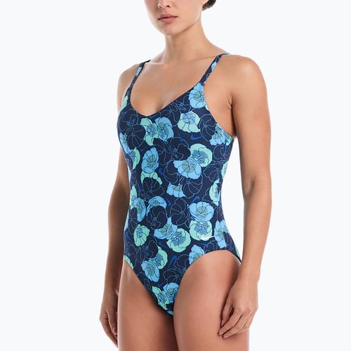 Dámské jednodílné plavky Nike Poppy Print V-Neck midnight navy