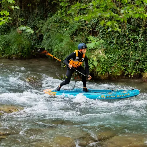 Prkno SUP Aqua Marina Rapid - iSUP na bílou vodu, 2,89 m/15 cm, s říčním vodítkem modré BT-22RP