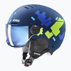 Dětská  lyžařská helma  UVEX Rocket Visor Jr blue puzzle matt/mirror blue/smoke