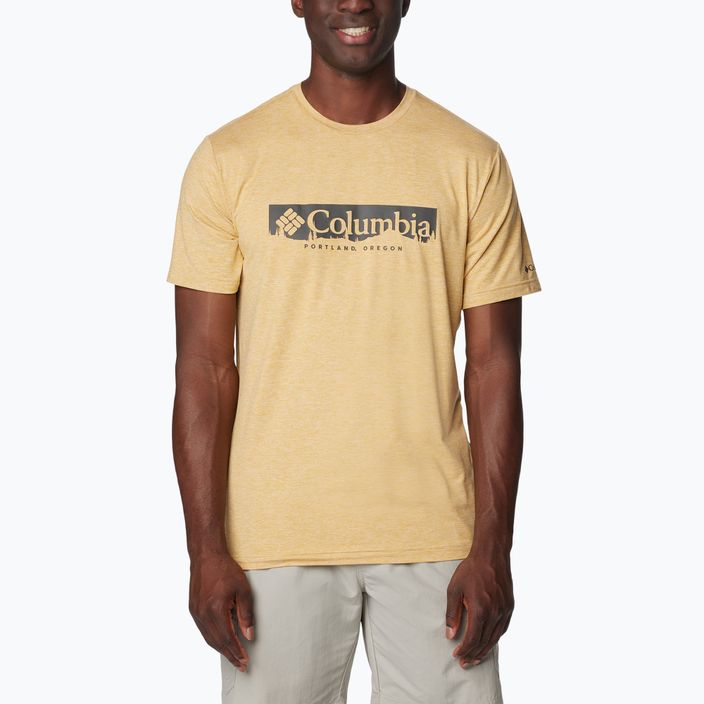 Pánské trekové tričko  Columbia Kwick Hike Graphic SS light camel heather/csc box treeline