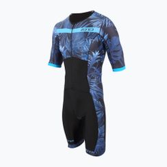 Pánská triatlonová kombinéza ZONE3 Activate+ Tropical Palm Short Sleeve Full Zip Trisuit navy/blue