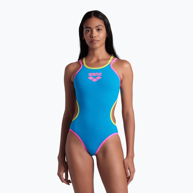 Dámské jednodílné plavky arena One Double Cross Back One Piece tyrkysová/fluo růžová/měkká zelená 6