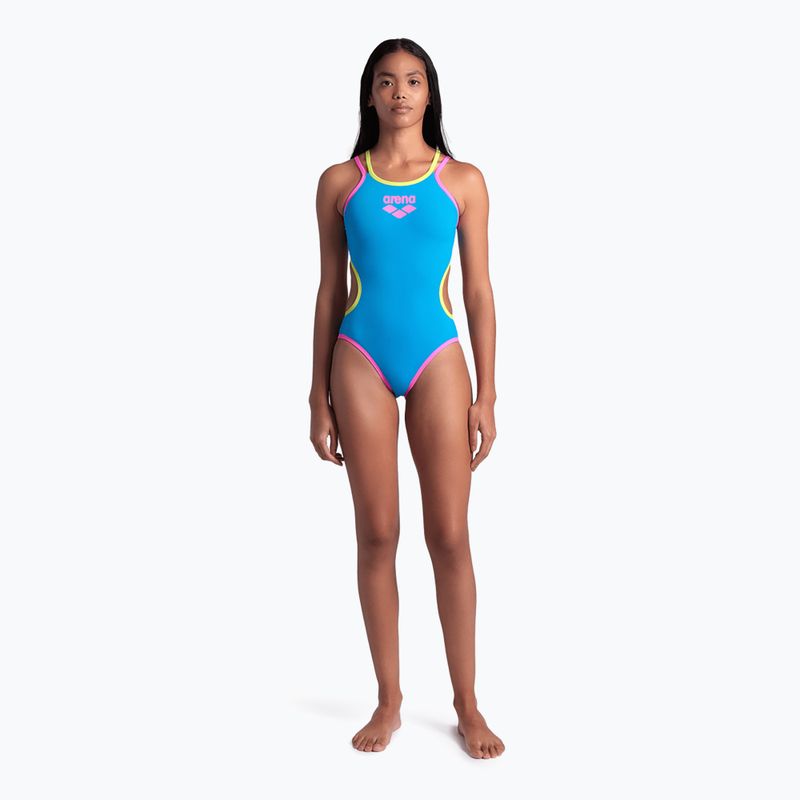 Dámské jednodílné plavky arena One Double Cross Back One Piece tyrkysová/fluo růžová/měkká zelená 7