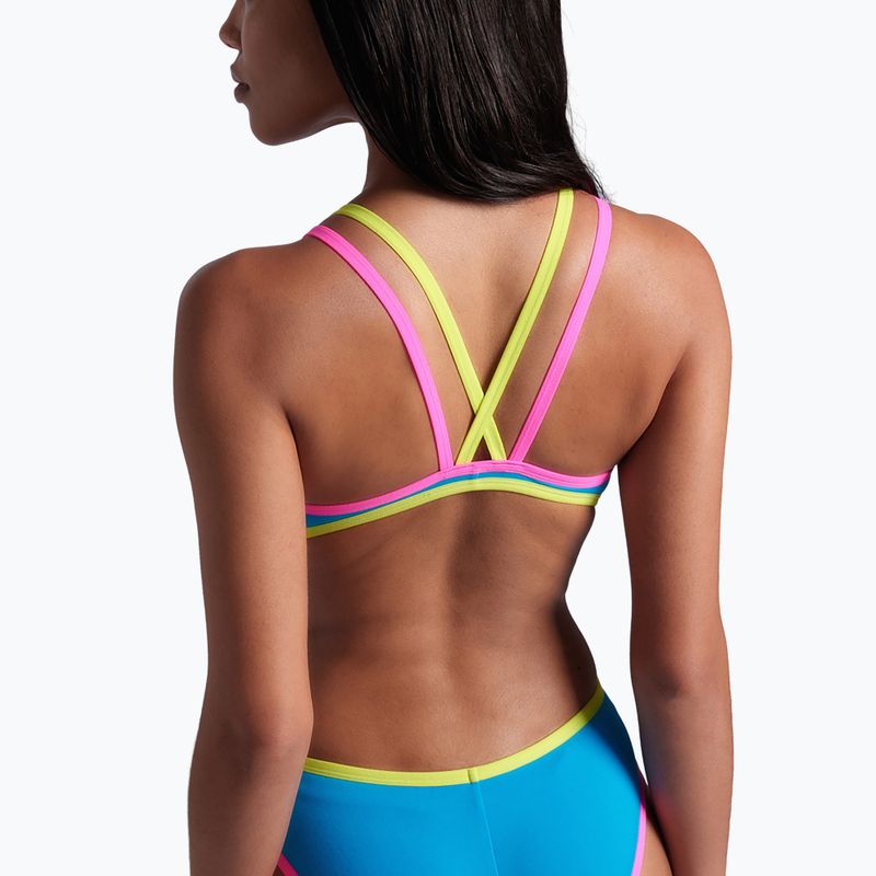 Dámské jednodílné plavky arena One Double Cross Back One Piece tyrkysová/fluo růžová/měkká zelená 10