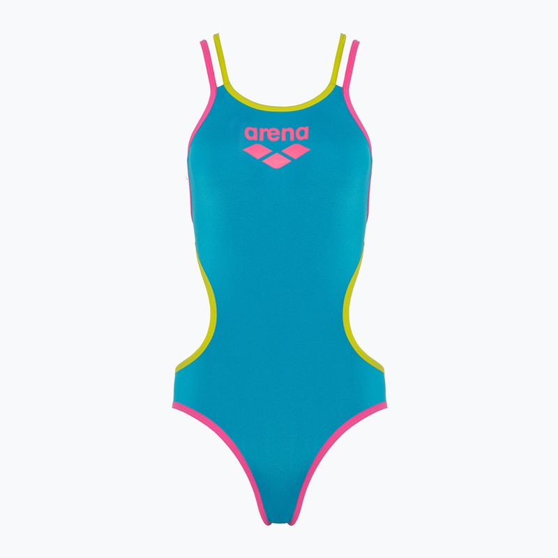Dámské jednodílné plavky arena One Double Cross Back One Piece tyrkysová/fluo růžová/měkká zelená