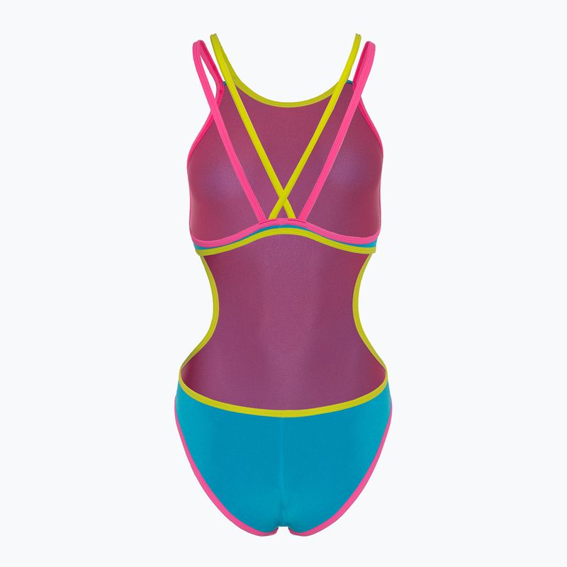 Dámské jednodílné plavky arena One Double Cross Back One Piece tyrkysová/fluo růžová/měkká zelená 2