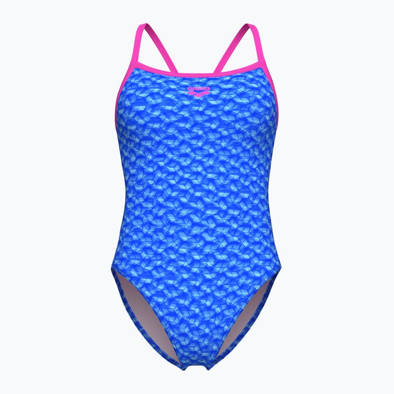 Dámské jednodílné plavky arena Monogram Challenge back blue river multi/shocking pink
