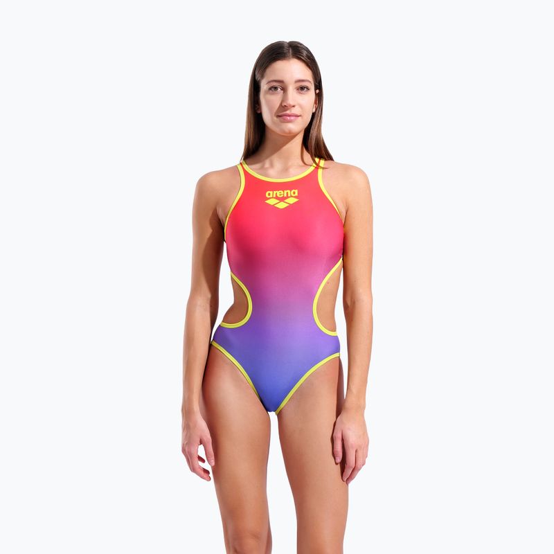 Dámské jednodílné plavky arena One Shaded Print Tech One Back bright coral royal multi/soft green 5