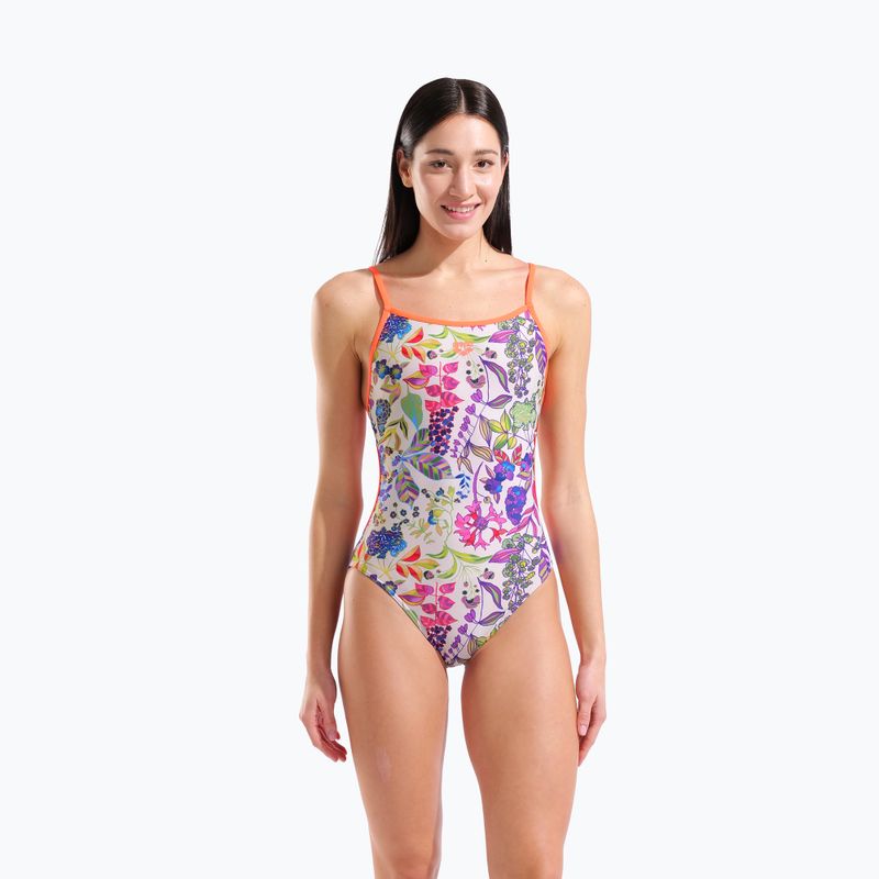 Dámské jednodílné plavky arena Painting Lace Back multi/bright coral 5