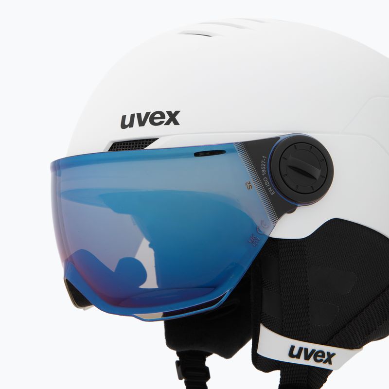 Dětská lyžařská helma UVEX Rocket Visor Jr white/black matt/mirror blue/smoke 7