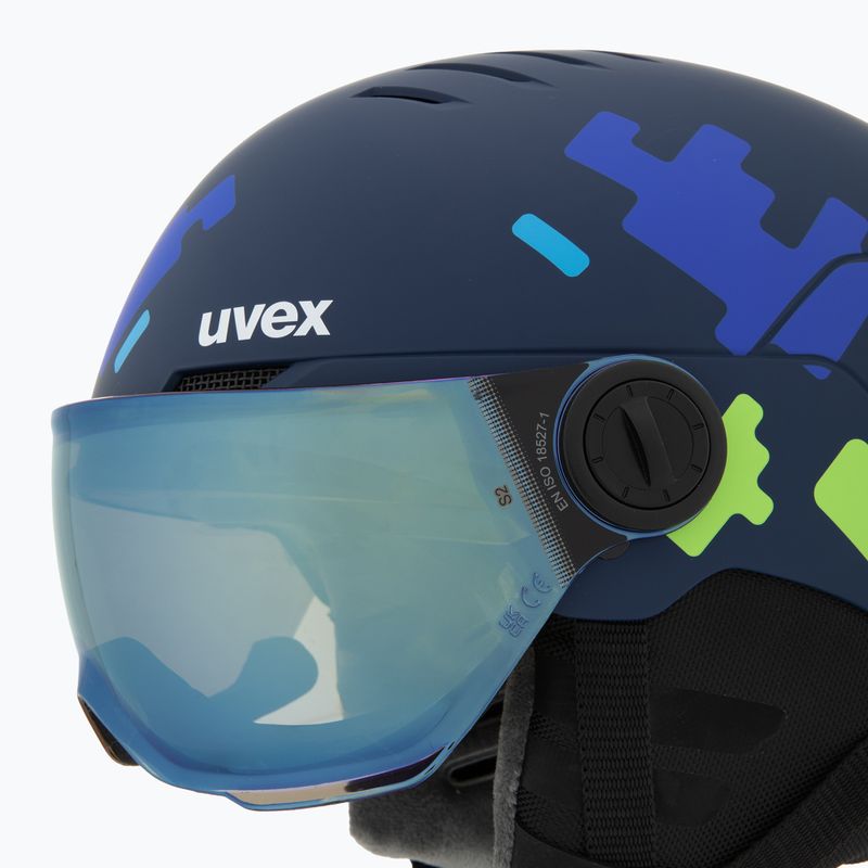 Dětská  lyžařská helma  UVEX Rocket Visor Jr blue puzzle matt/mirror blue/smoke 8