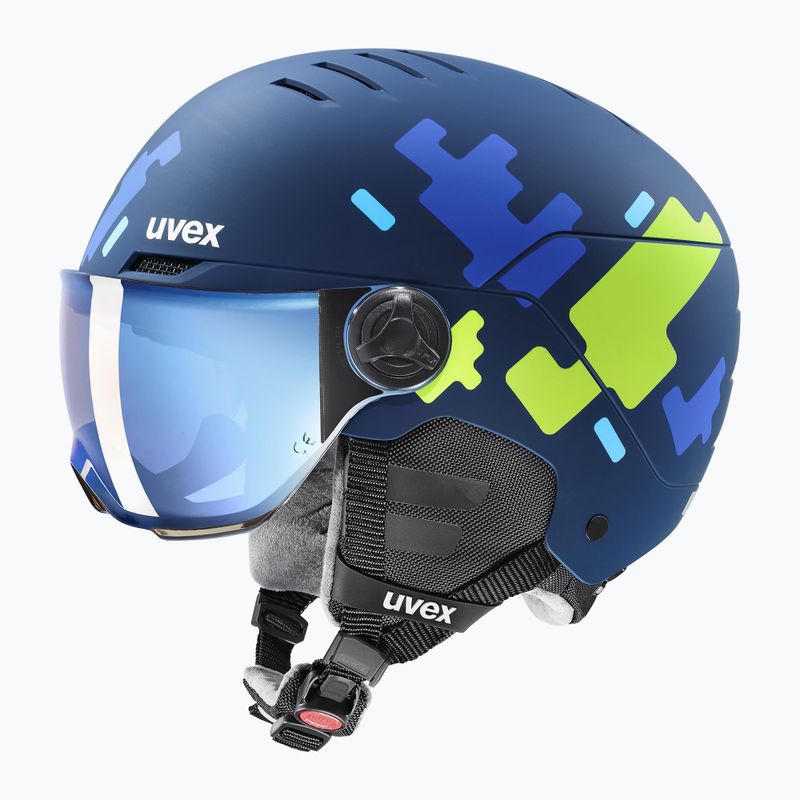 Dětská  lyžařská helma  UVEX Rocket Visor Jr blue puzzle matt/mirror blue/smoke