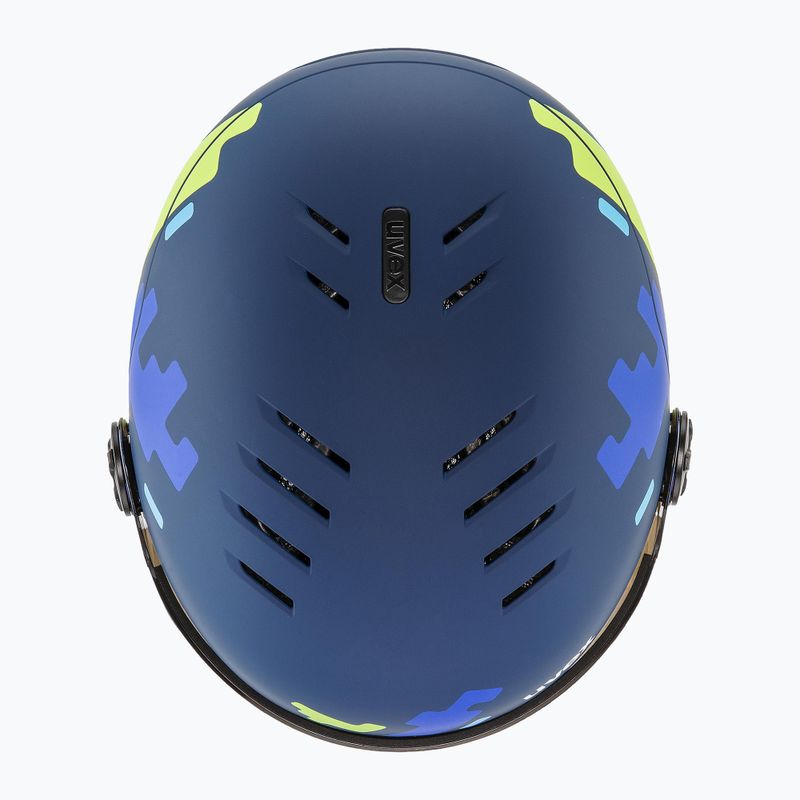 Dětská  lyžařská helma  UVEX Rocket Visor Jr blue puzzle matt/mirror blue/smoke 5