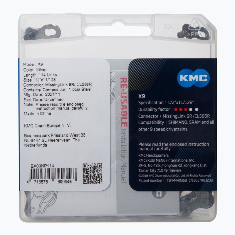 Řetěz na kolo KMC X9 114 článků 9rz stříbrný BX09NP114 2