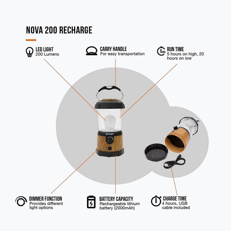 Kempingová lampička Vango Nova 200 Recharge wood 3