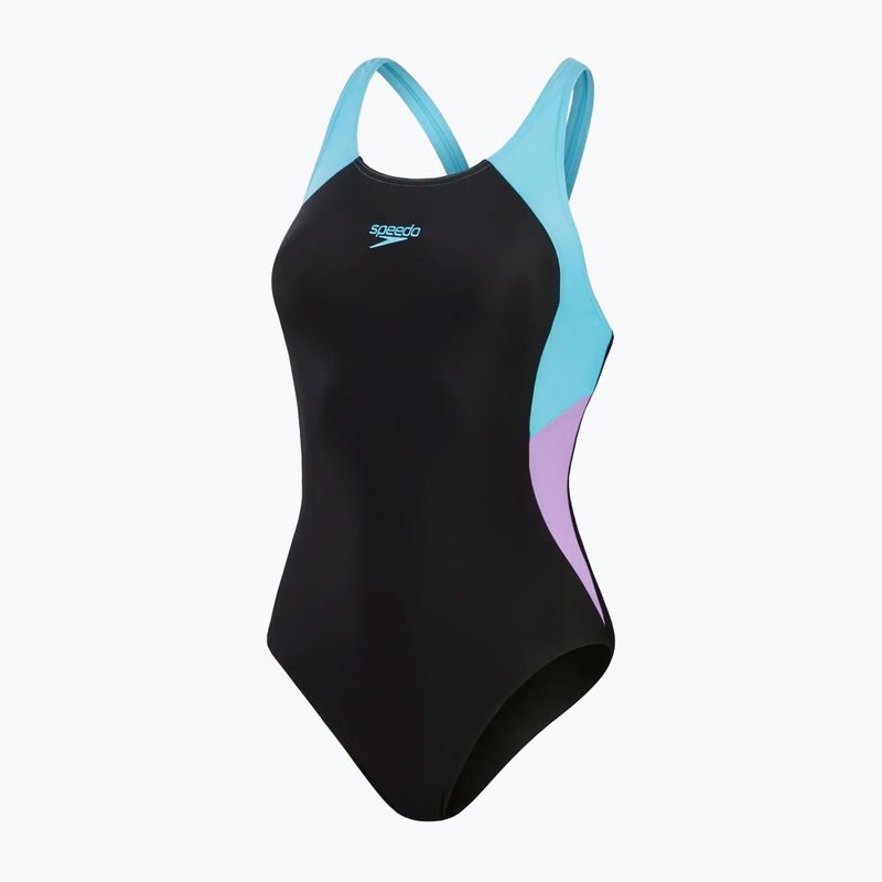 Speedo Colourblock Splice Muscleback dámské jednodílné plavky černá/sladce fialová/pictonová modrá 2