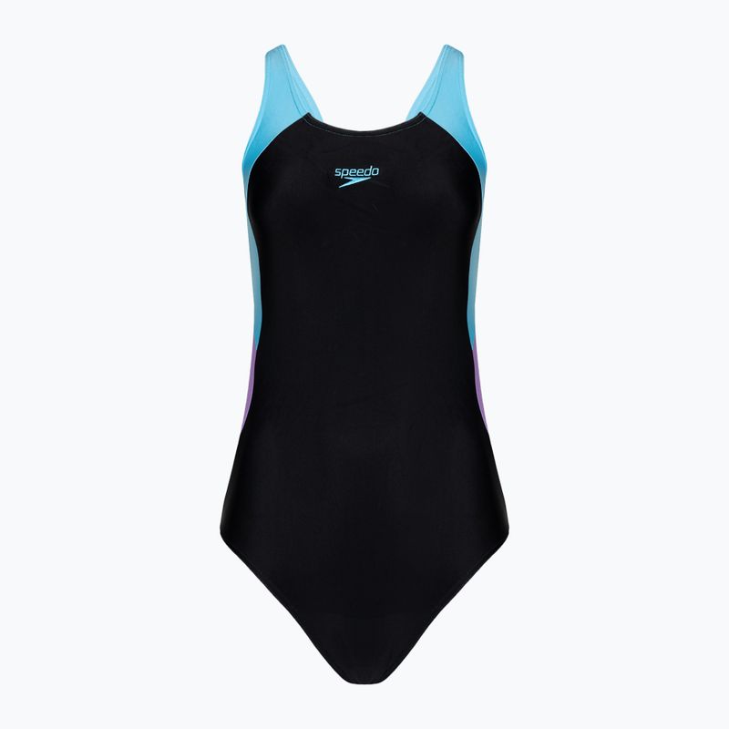 Speedo Colourblock Splice Muscleback dámské jednodílné plavky černá/sladce fialová/pictonová modrá