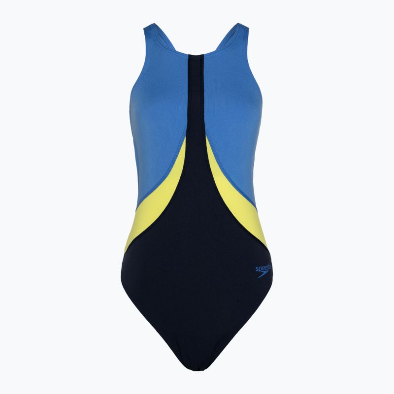 Speedo Colourblock Highneck Crossback plavky true navy/sevres blue/lemon drizzle