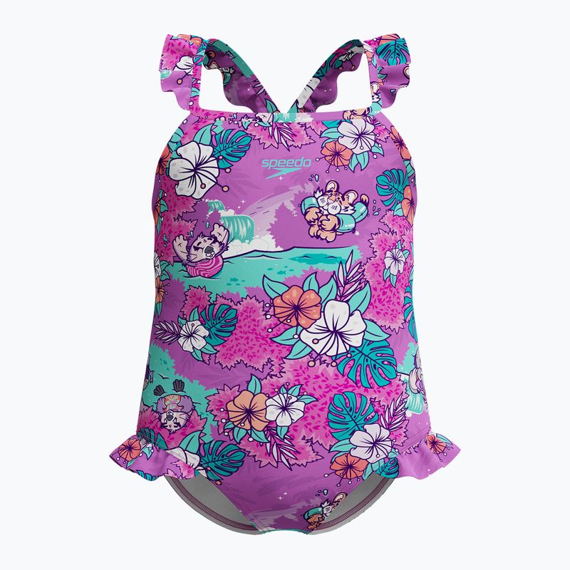 Dětské jednodílné plavky Speedo Learn To Swim Dětské Printed Frill Thinstrap neon violet