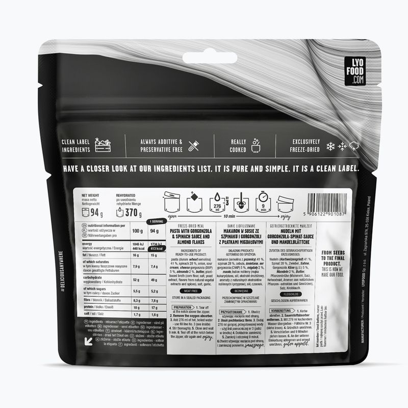 Lyofilizovaná strava  LYOFOOD Farfalle se špenátem a gorgonzolou 370 g 2