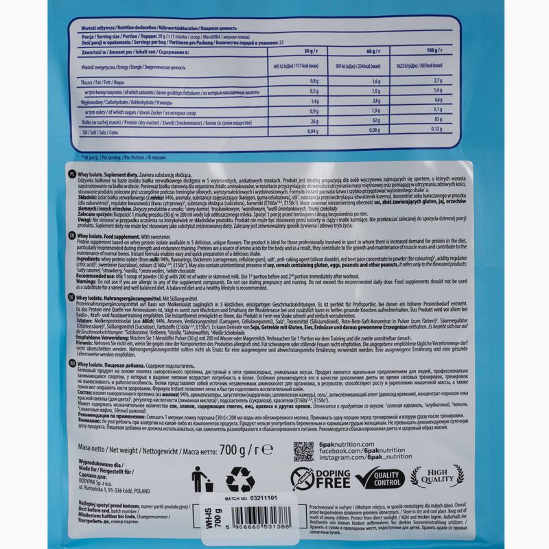 Whey 6PAK Isolate 700g bílá čokoláda PAK/049#BICZE 2