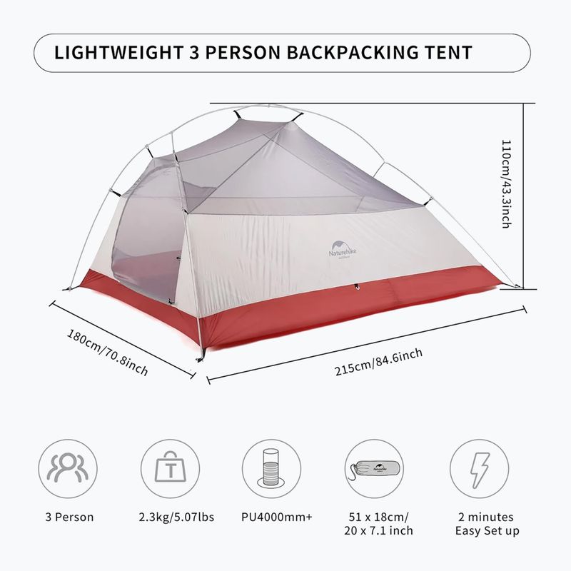 Trekový stan pro 3 osoby  Naturehike Updated Cloud Up 3 light grey/red 6