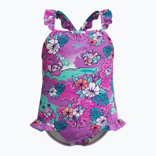 Dětské jednodílné plavky Speedo Learn To Swim Dětské Printed Frill Thinstrap neon violet