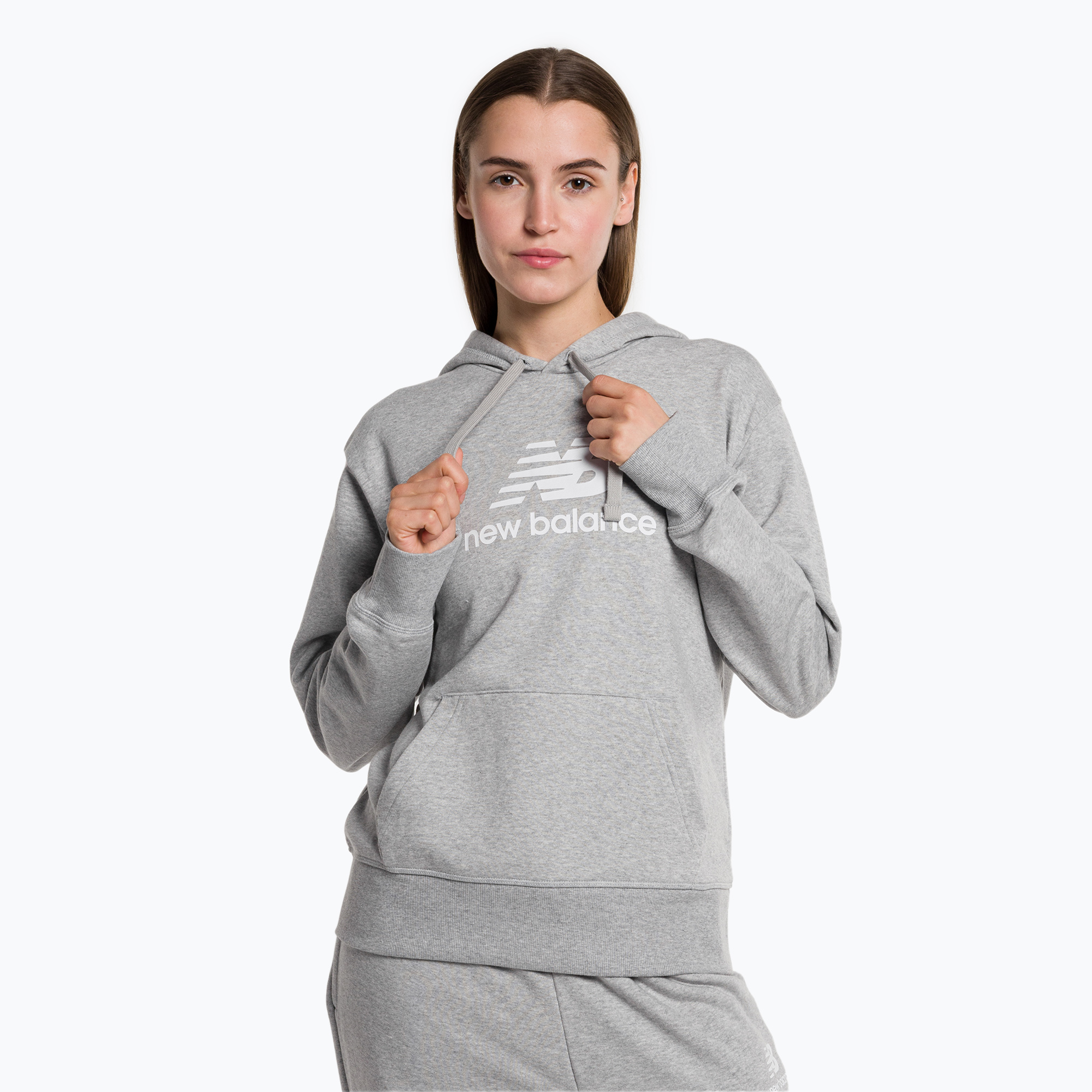 Dámská sportovní mikina New Balance Essentials Stacked Logo French Terry Hoodie šedá NBWT31533 (Essentials Stacked Logo French Terry Hoodie WT31533AG)