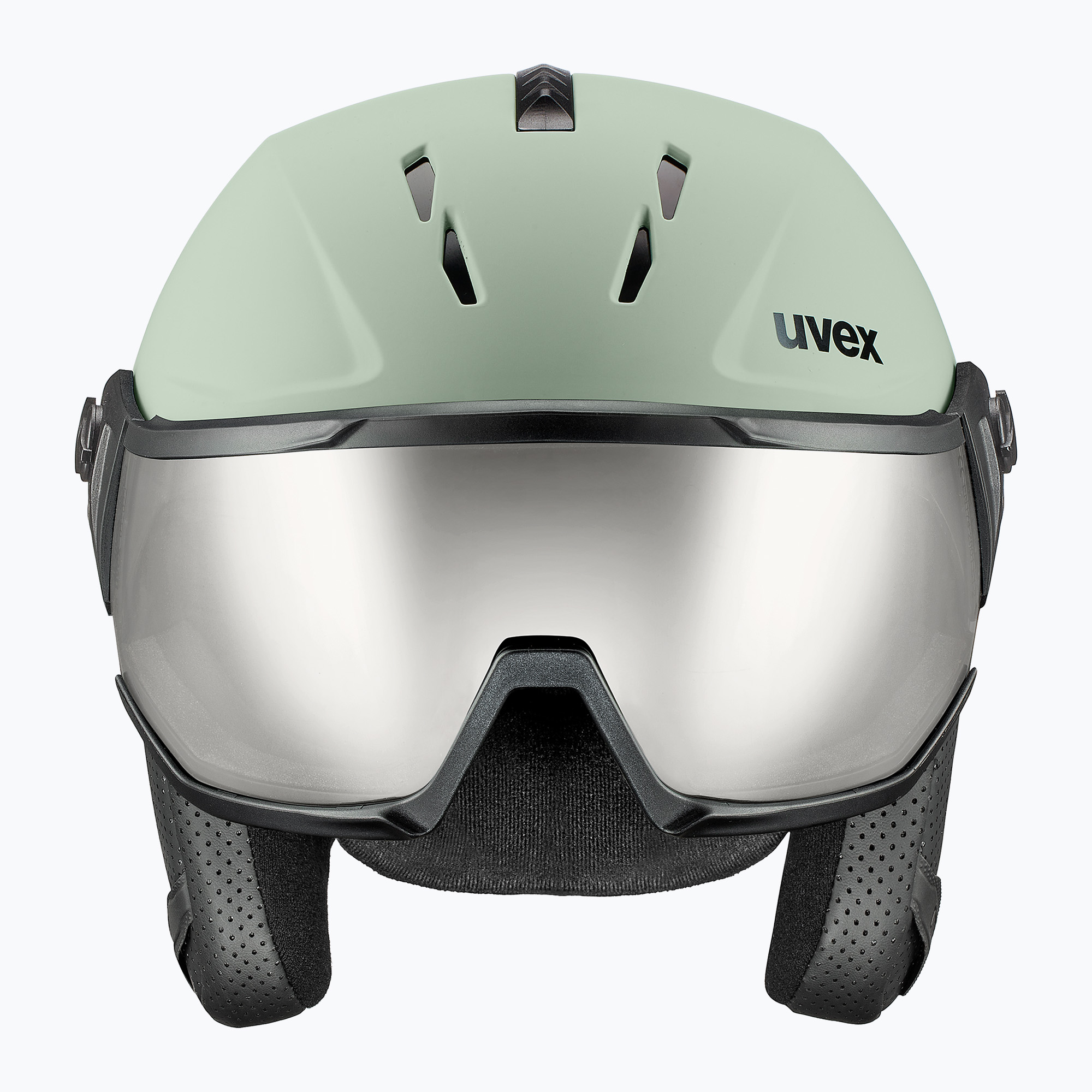 Lyžařská helma UVEX Instinct Visor oxid green matt/mirror silver/smoke
